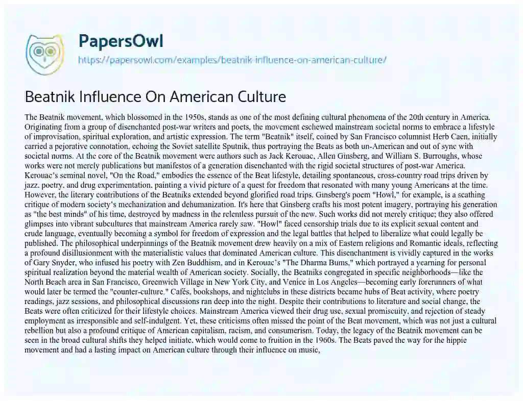 Essay on Beatnik Influence on American Culture