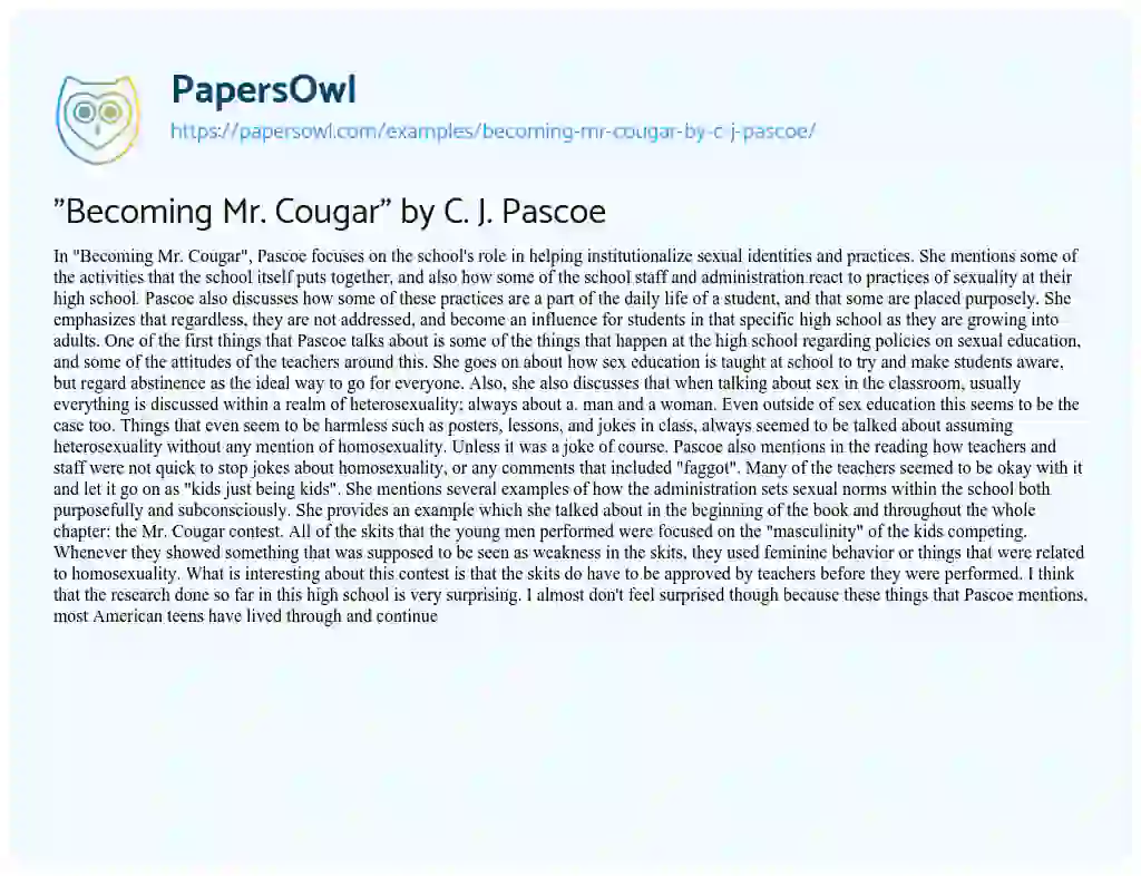 Essay on “Becoming Mr. Cougar” by C. J. Pascoe
