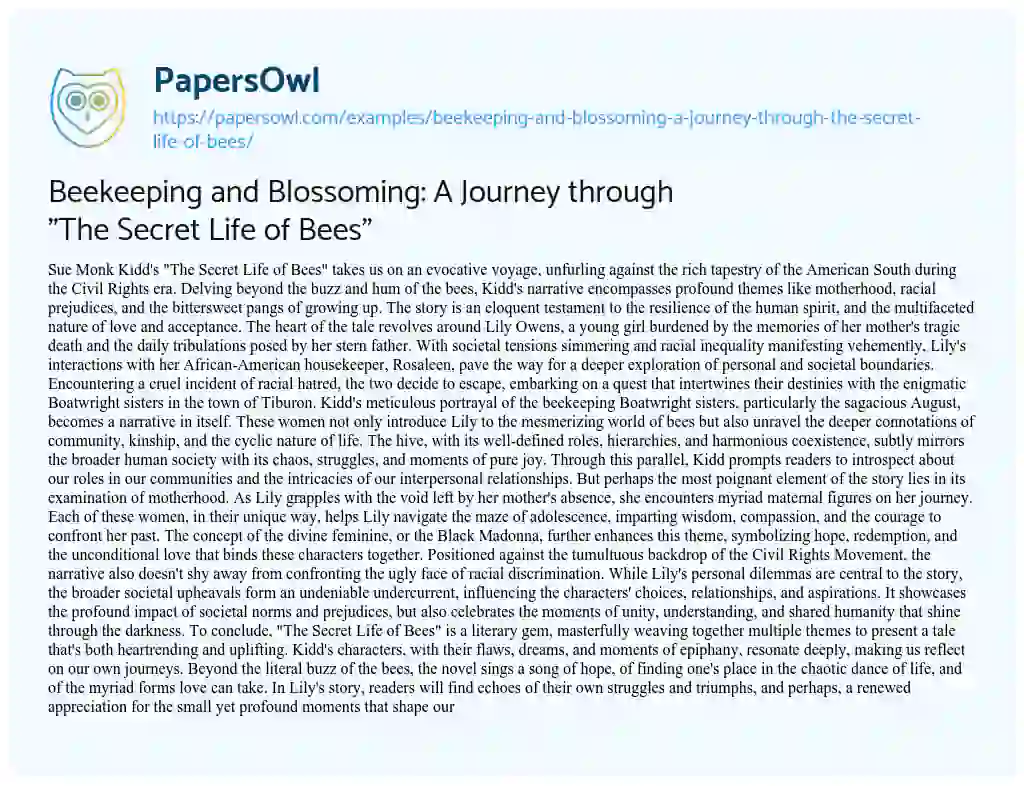 Essay on Beekeeping and Blossoming: a Journey through “The Secret Life of Bees”