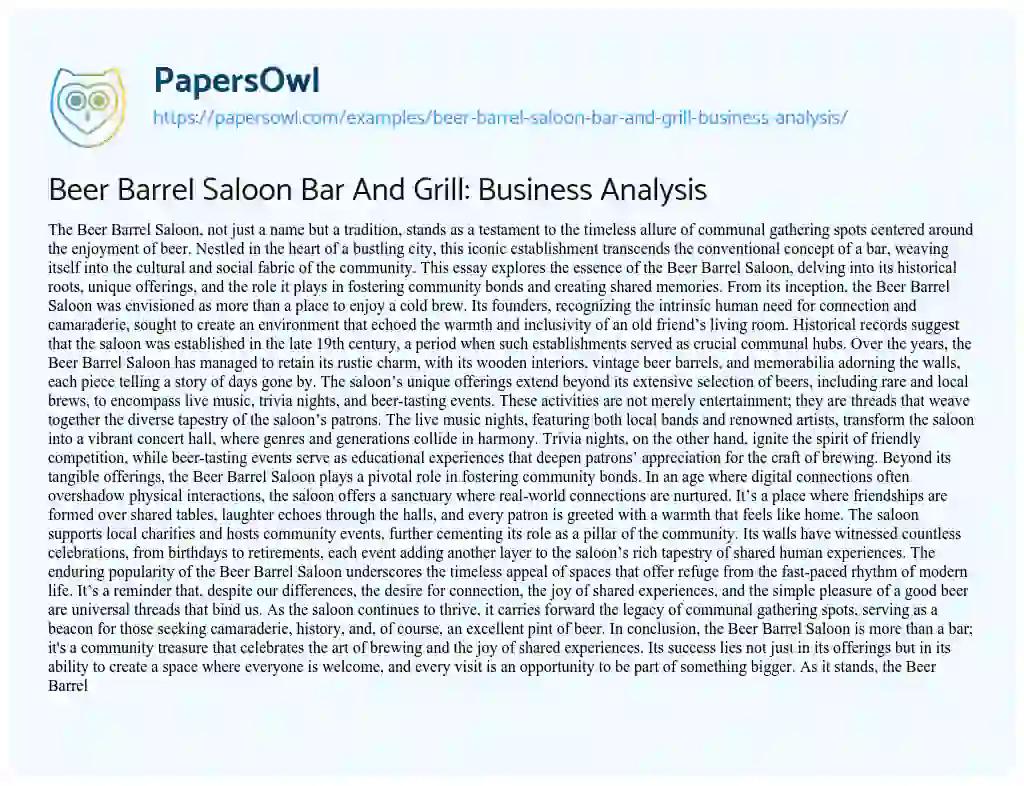 Essay on Beer Barrel Saloon Bar and Grill: Business Analysis