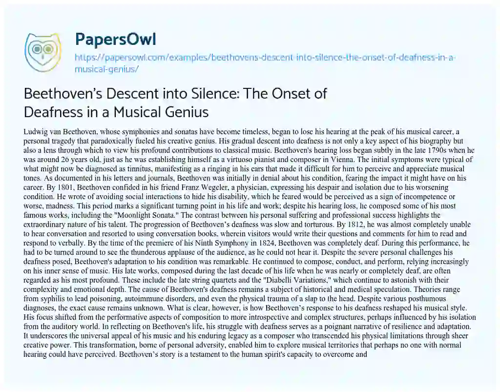 Essay on Beethoven’s Descent into Silence: the Onset of Deafness in a Musical Genius