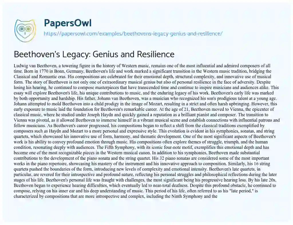 Essay on Beethoven’s Legacy: Genius and Resilience
