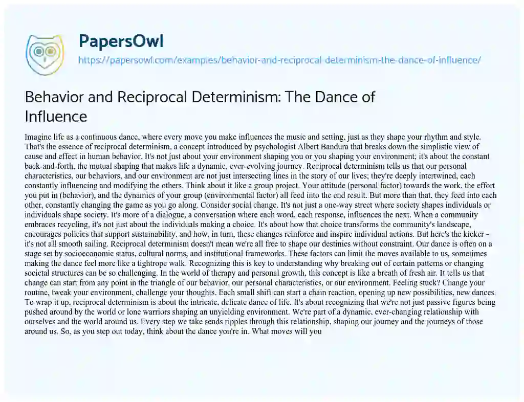 Essay on Behavior and Reciprocal Determinism: the Dance of Influence