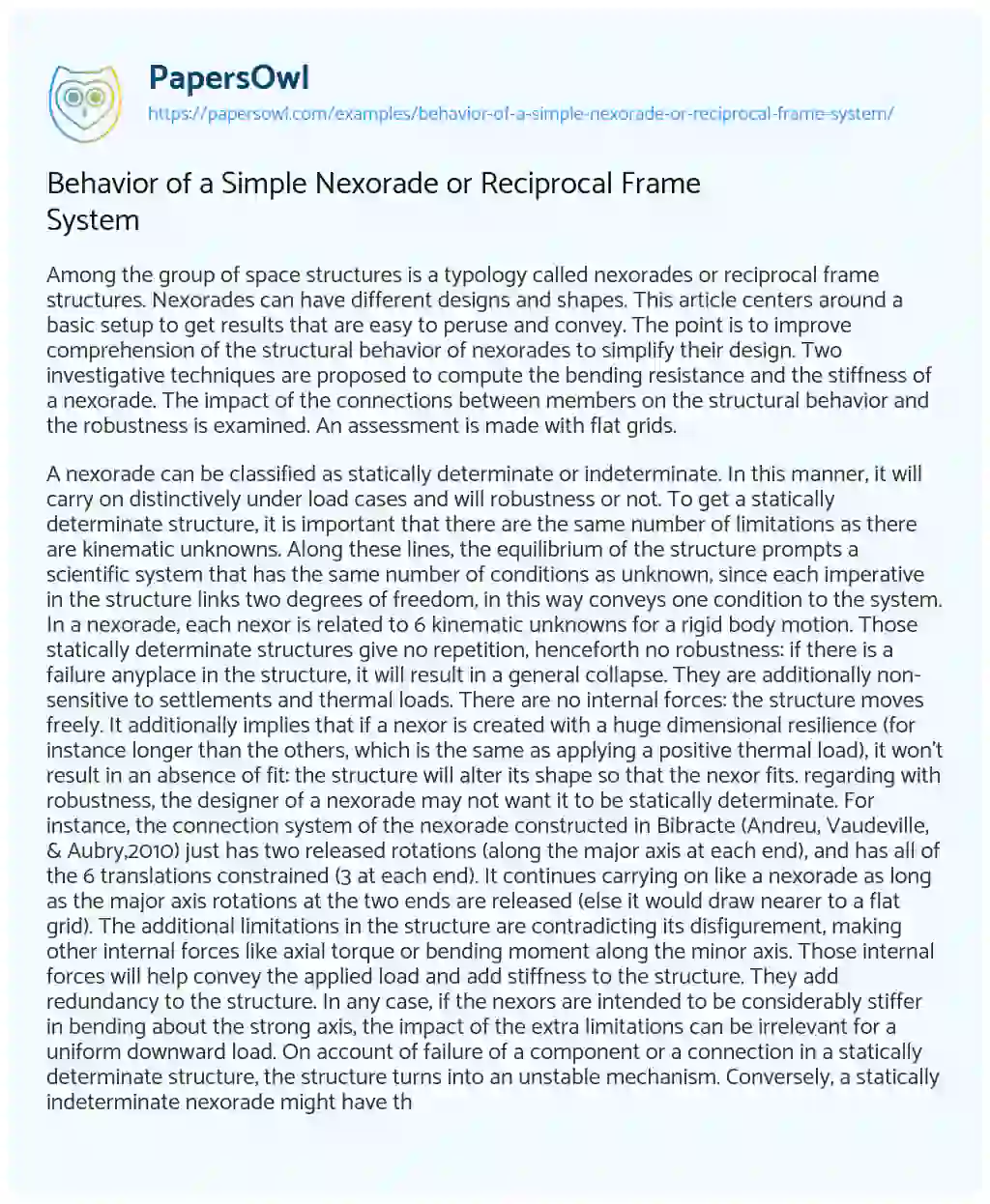 Essay on Behavior of a Simple Nexorade or Reciprocal Frame System