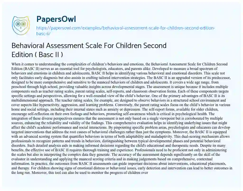 Essay on Behavioral Assessment Scale for Children Second Edition ( Basc II )
