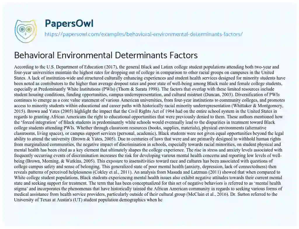Essay on Behavioral Environmental Determinants Factors