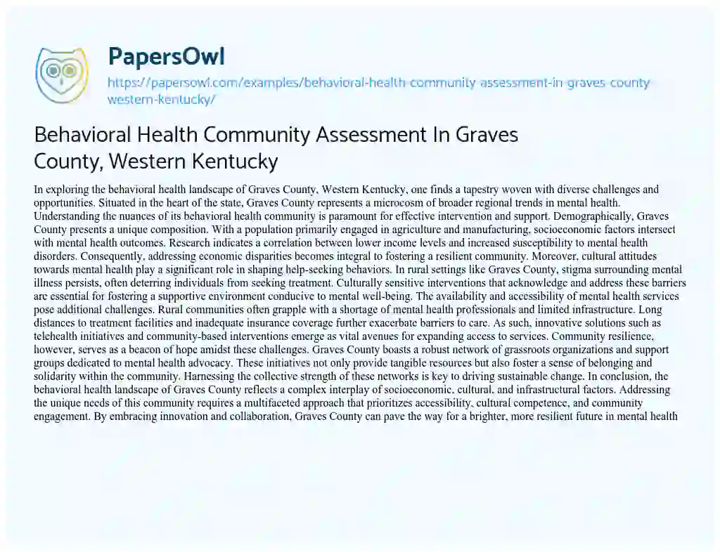 Essay on Behavioral Health Community Assessment in Graves County, Western Kentucky