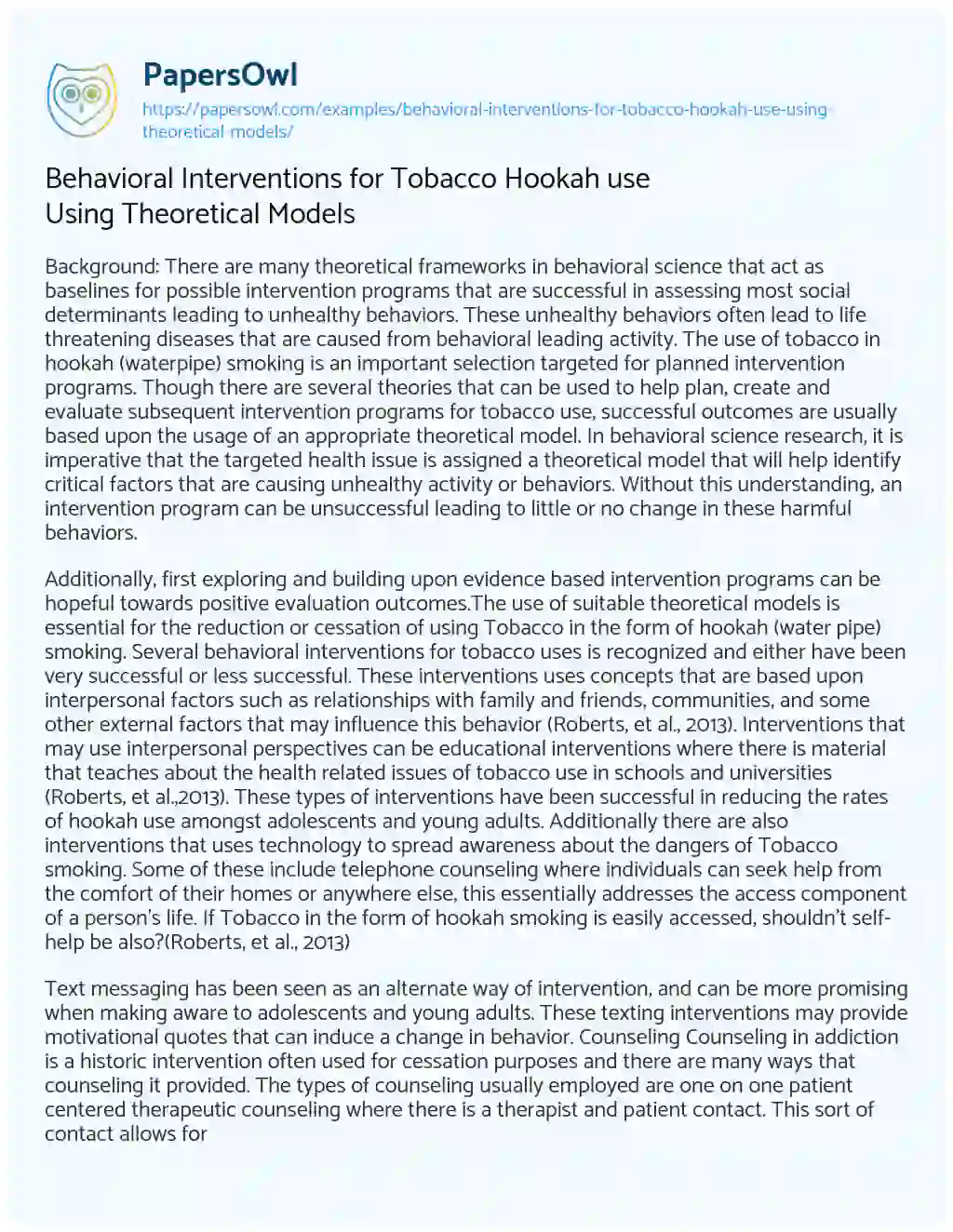 Behavioral Interventions for Tobacco Hookah Use Using Theoretical Models essay