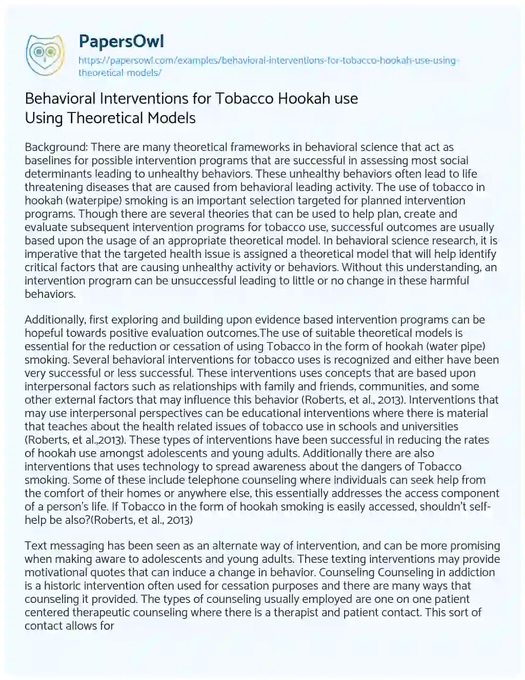 Essay on Behavioral Interventions for Tobacco Hookah Use Using Theoretical Models