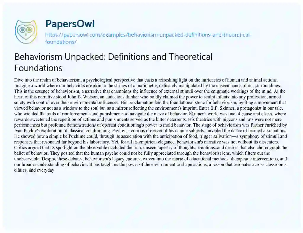 Essay on Behaviorism Unpacked: Definitions and Theoretical Foundations