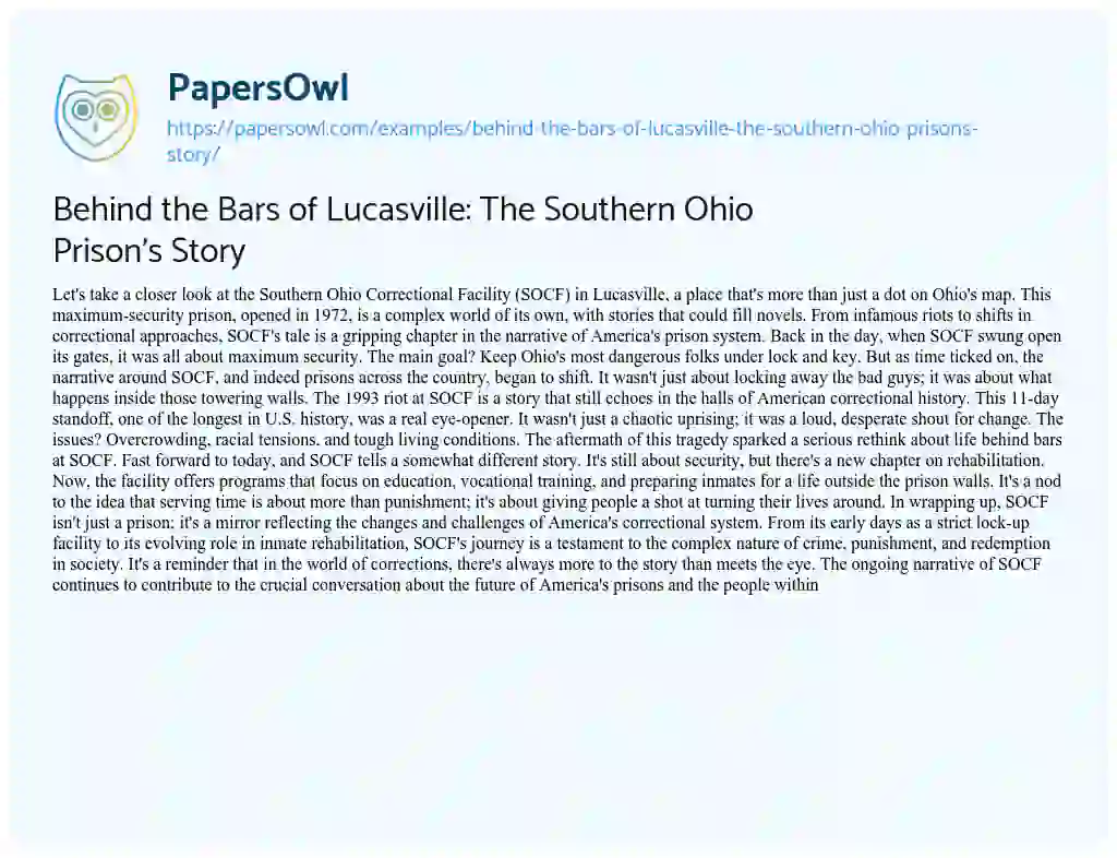 Essay on Behind the Bars of Lucasville: the Southern Ohio Prison’s Story