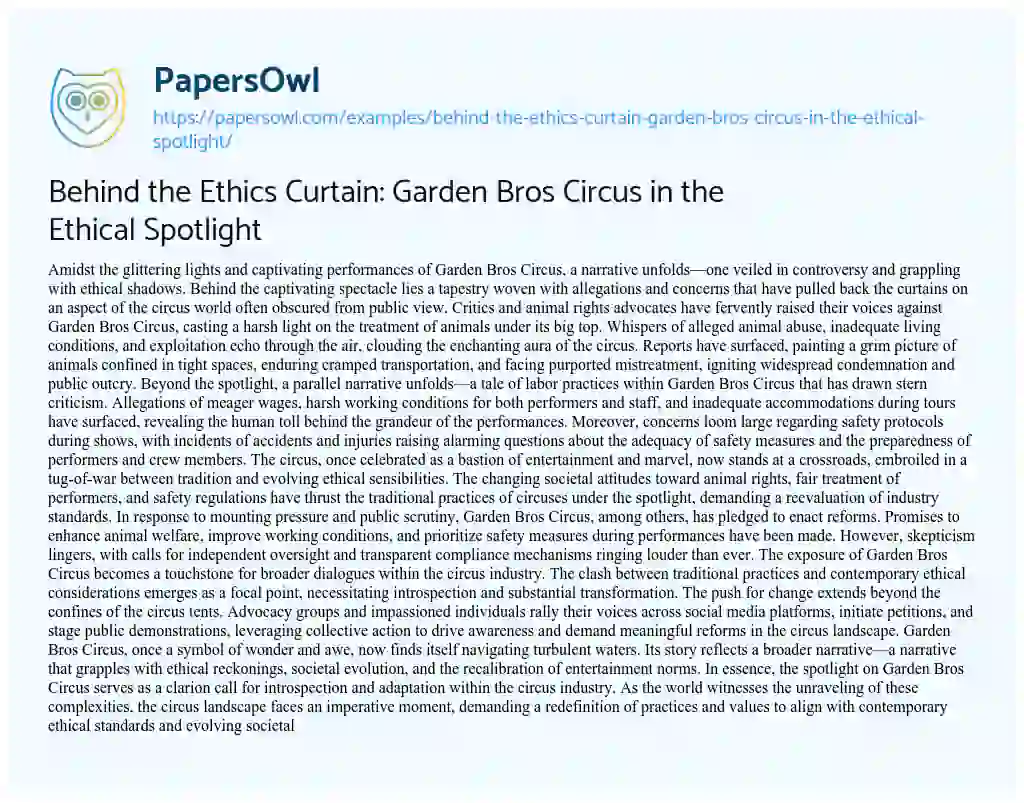Essay on Behind the Ethics Curtain: Garden Bros Circus in the Ethical Spotlight