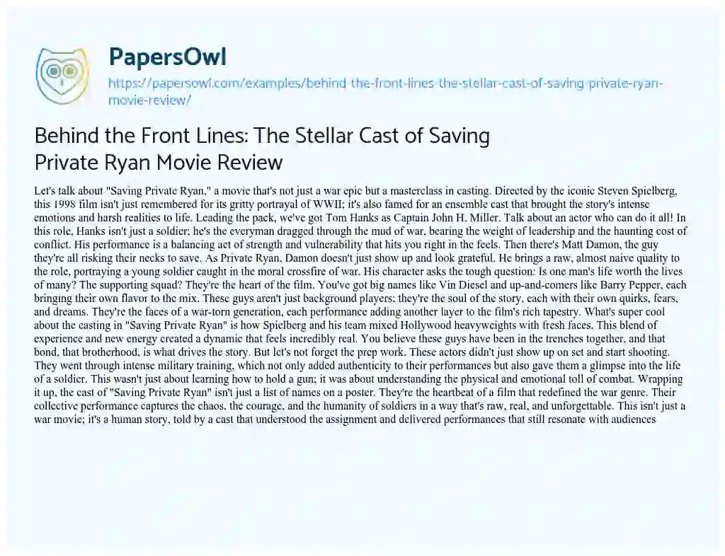 Essay on Behind the Front Lines: the Stellar Cast of Saving Private Ryan Movie Review