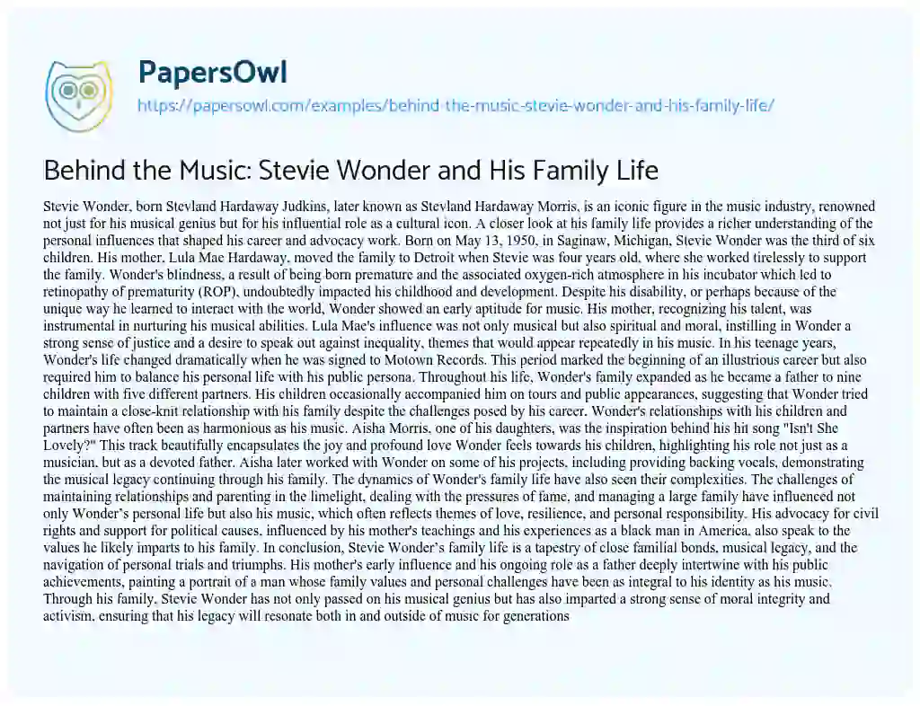 Essay on Behind the Music: Stevie Wonder and his Family Life