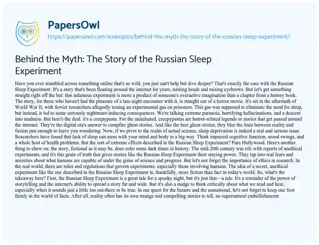 Essay on Behind the Myth: The Story of the Russian Sleep Experiment
