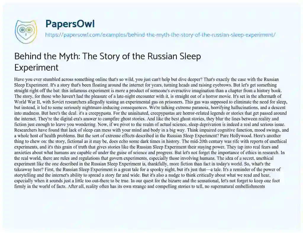Essay on Behind the Myth: the Story of the Russian Sleep Experiment