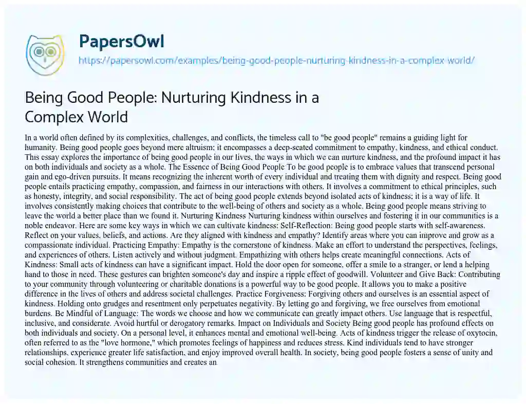 Essay on Being Good People: Nurturing Kindness in a Complex World