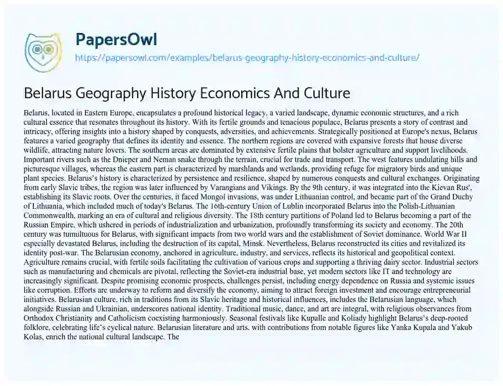 Essay on Belarus Geography History Economics and Culture
