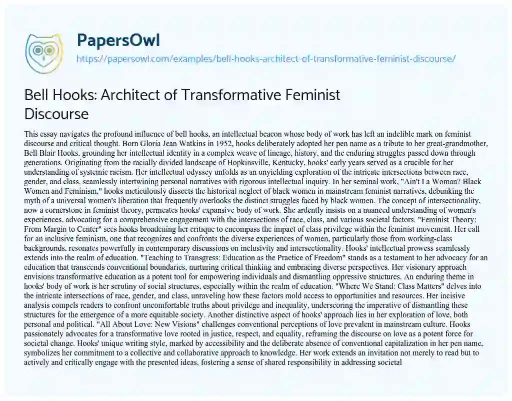 Essay on Bell Hooks: Architect of Transformative Feminist Discourse