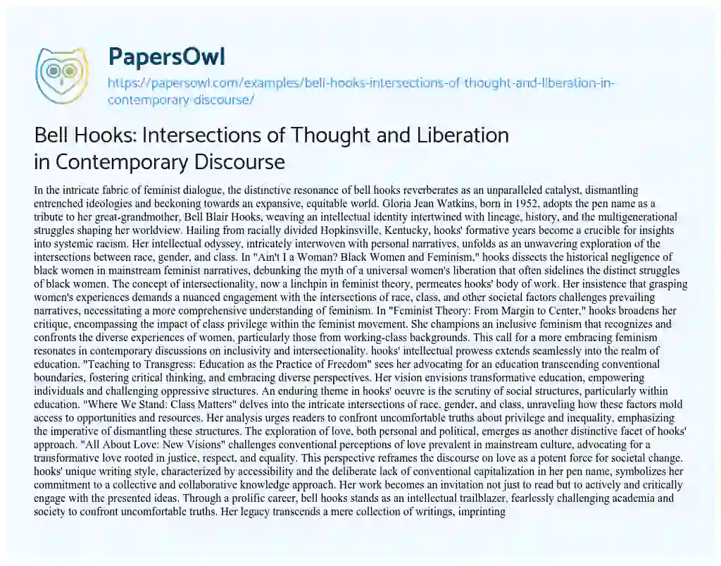 Essay on Bell Hooks: Intersections of Thought and Liberation in Contemporary Discourse