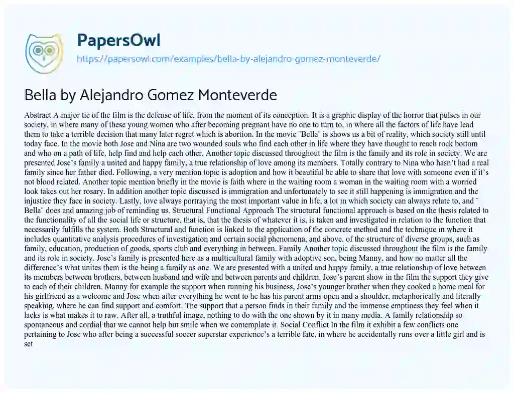 Essay on Bella by Alejandro Gomez Monteverde