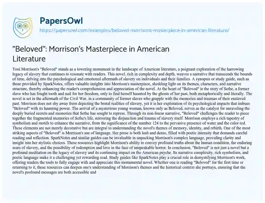 Essay on “Beloved”: Morrison’s Masterpiece in American Literature