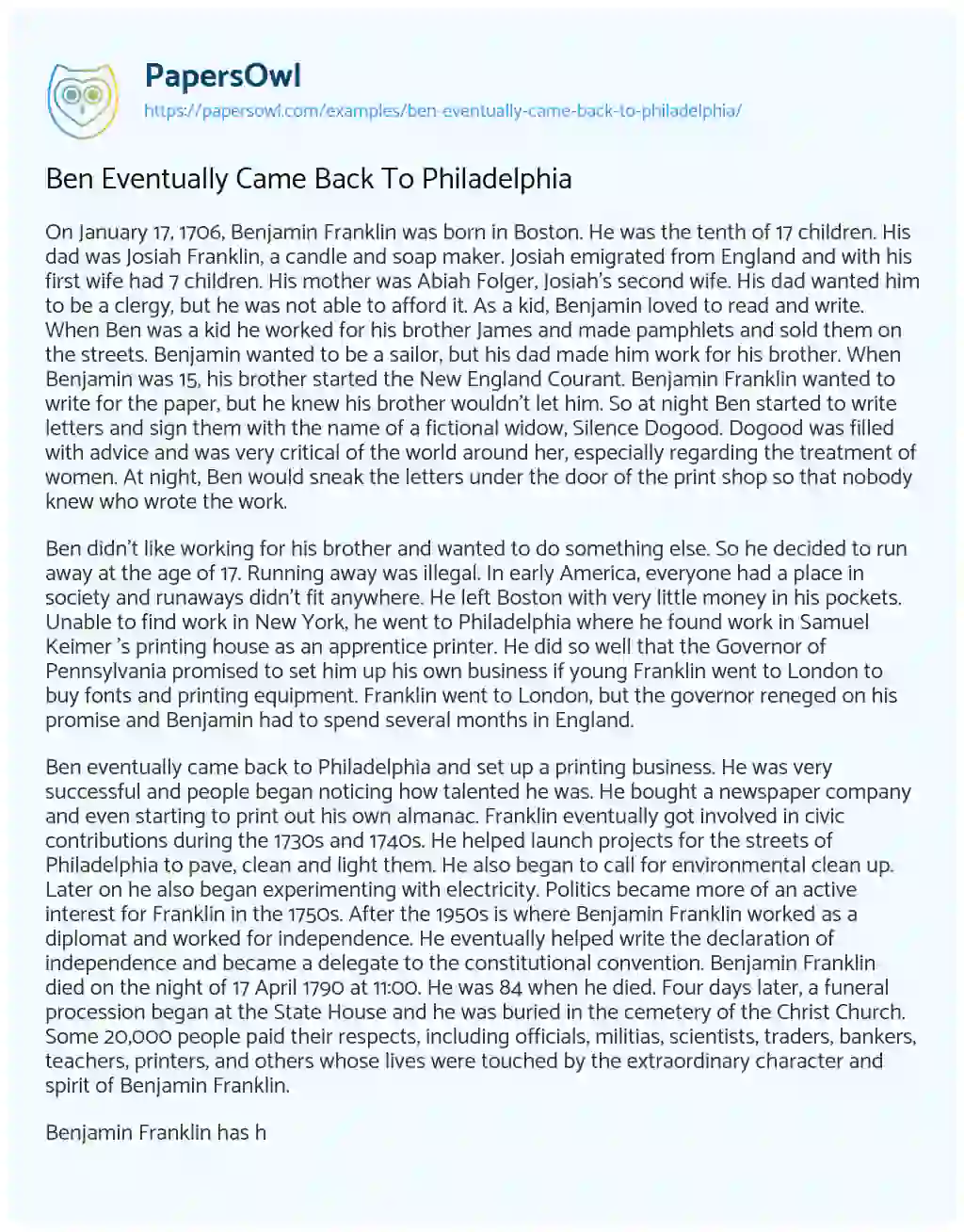 Ben Eventually Came Back to Philadelphia essay