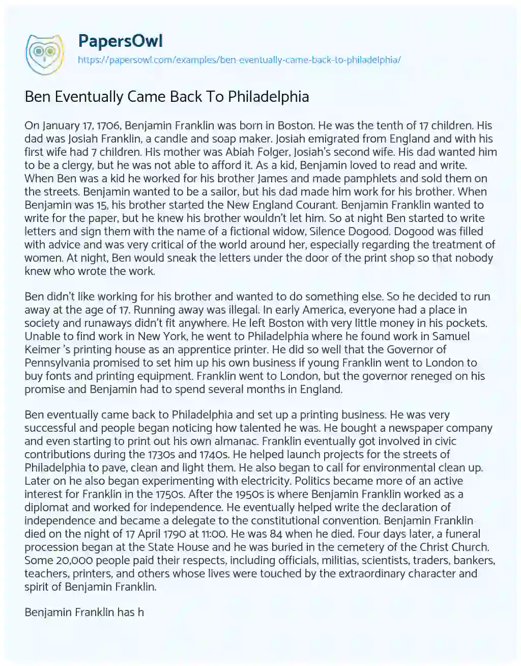 Essay on Ben Eventually Came Back to Philadelphia