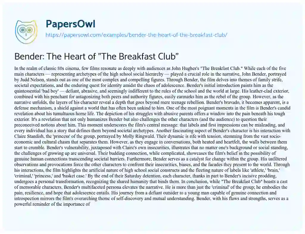 Essay on Bender: the Heart of “The Breakfast Club”