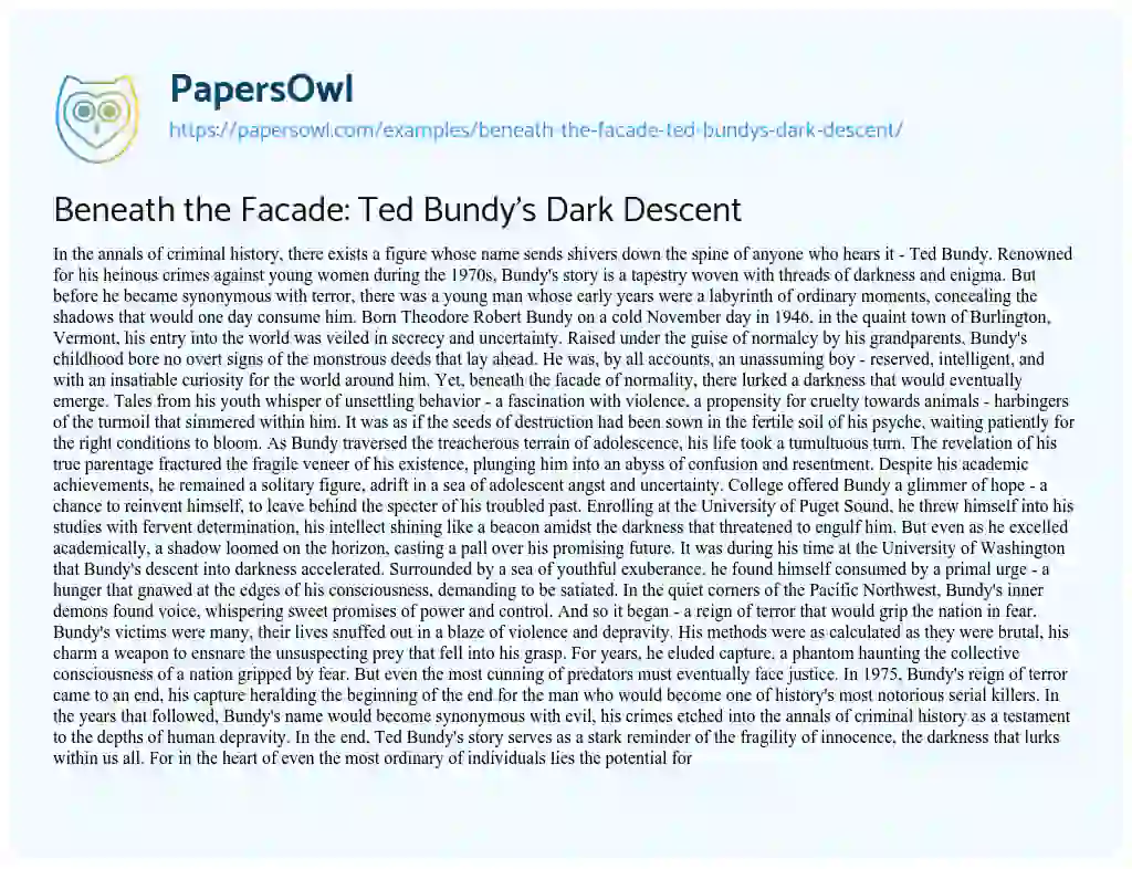 Essay on Beneath the Facade: Ted Bundy’s Dark Descent