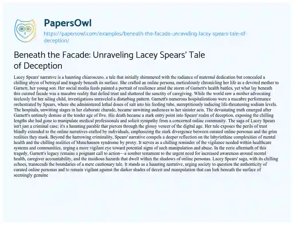 Essay on Beneath the Facade: Unraveling Lacey Spears’ Tale of Deception