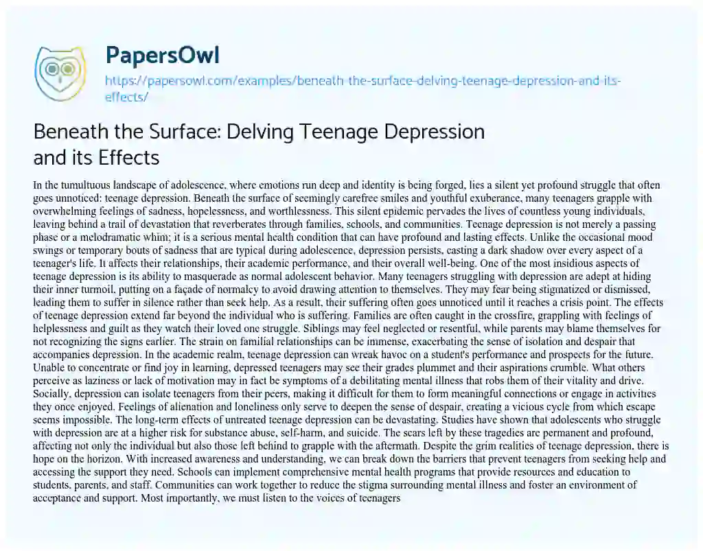 Essay on Beneath the Surface: Delving Teenage Depression and its Effects