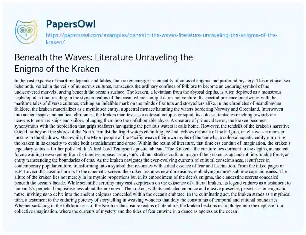 Essay on Beneath the Waves: Literature Unraveling the Enigma of the Kraken