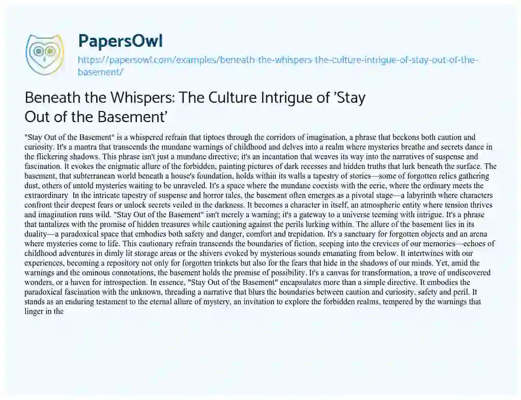 Essay on Beneath the Whispers: the Culture Intrigue of ‘Stay out of the Basement’