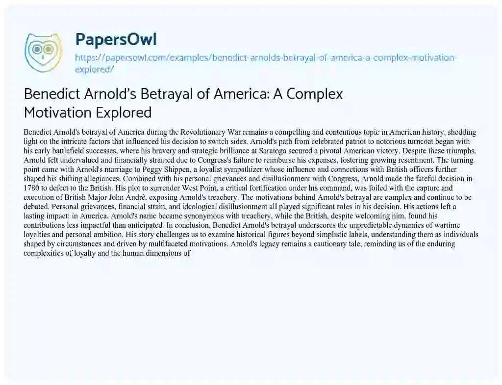 Essay on Benedict Arnold’s Betrayal of America: a Complex Motivation Explored
