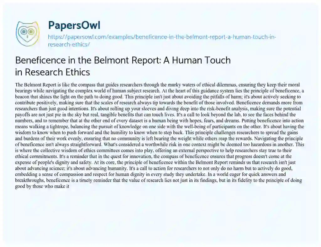 Essay on Beneficence in the Belmont Report: a Human Touch in Research Ethics