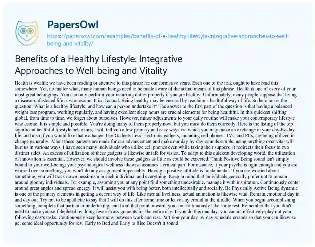 Essay on Benefits of a Healthy Lifestyle: Integrative Approaches to Well-being and Vitality