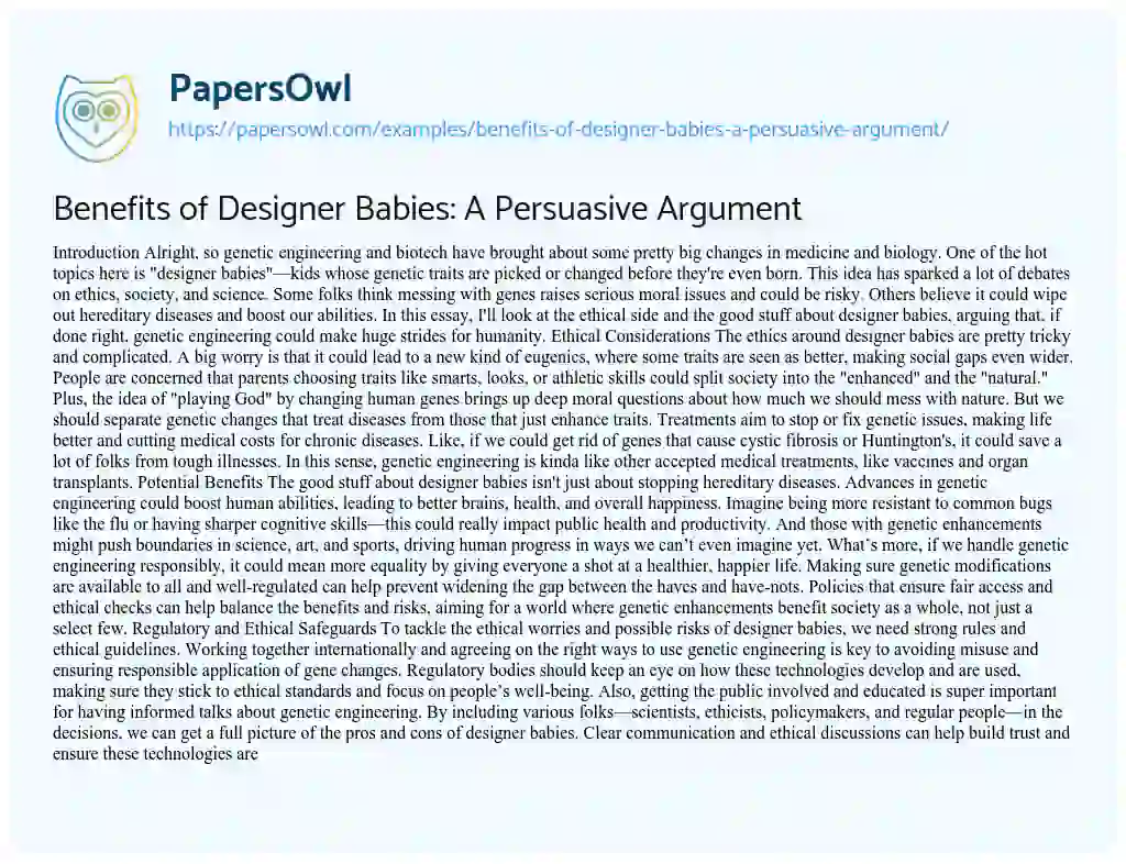 Essay on Benefits of Designer Babies: a Persuasive Argument