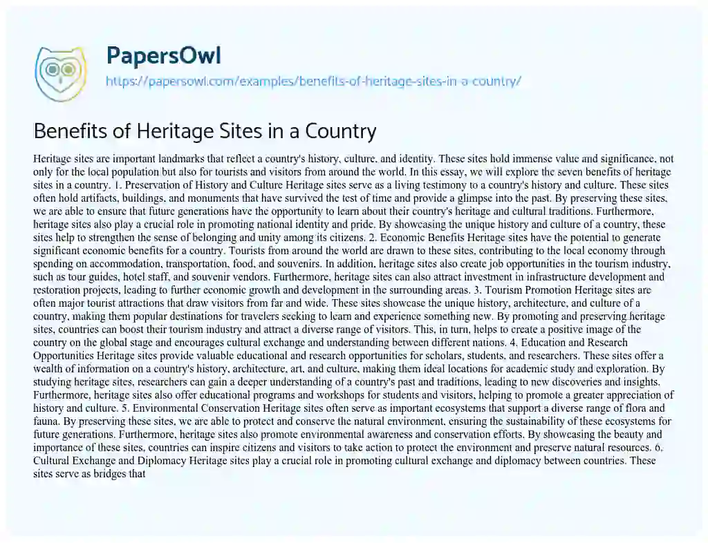 Essay on Benefits of Heritage Sites in a Country