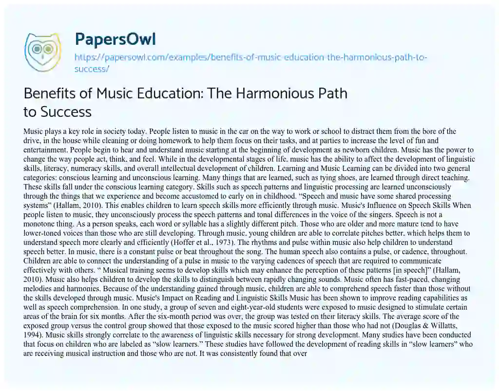 Essay on Benefits of Music Education: the Harmonious Path to Success