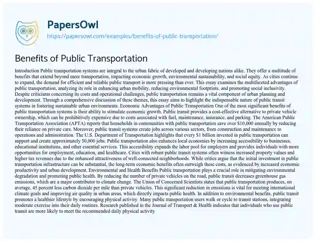 Essay on Benefits of Public Transportation