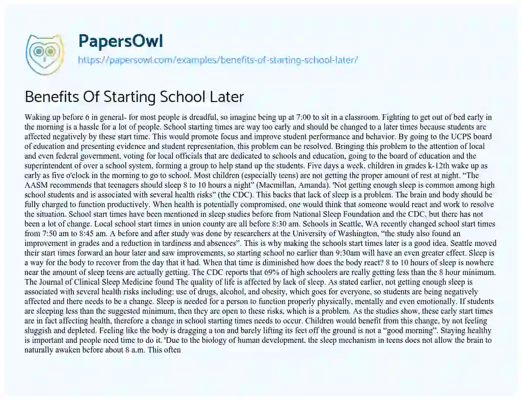Essay on Benefits of Starting School Later