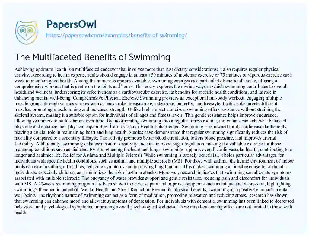 Essay on Benefits of Swimming