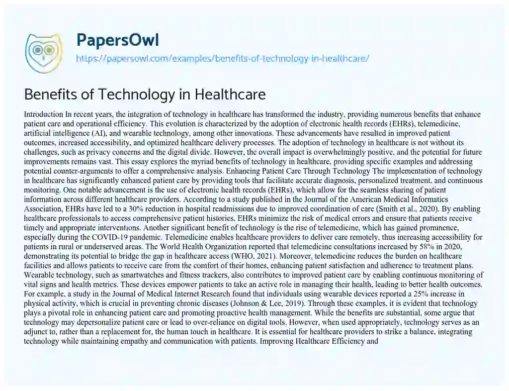 Essay on Benefits of Technology in Healthcare
