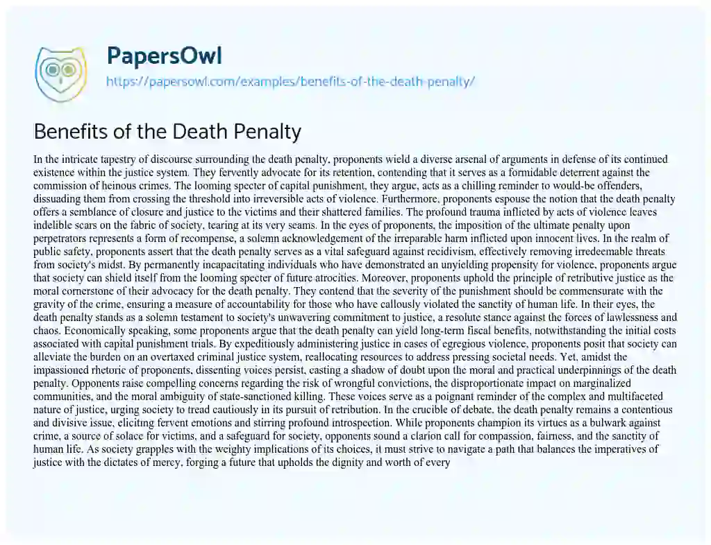 Essay on Benefits of the Death Penalty