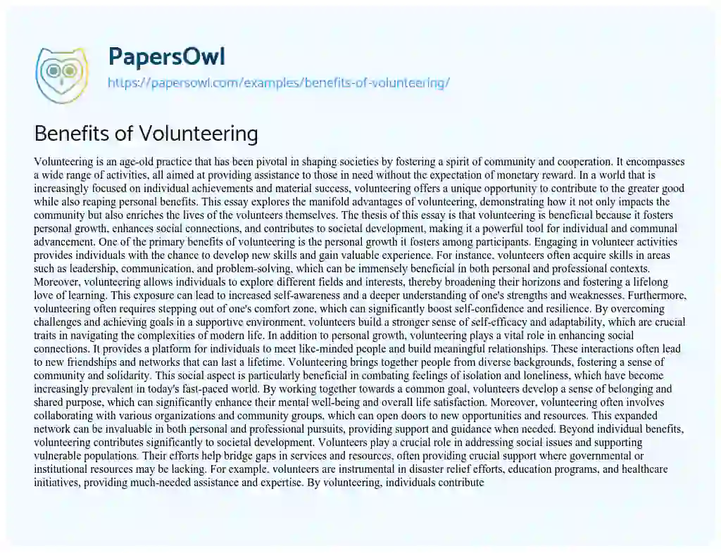 Essay on Benefits of Volunteering