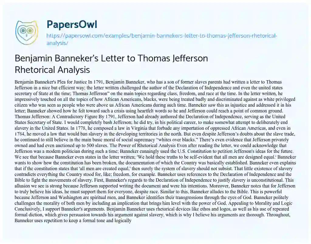 Essay on Benjamin Banneker’s Letter to Thomas Jefferson Rhetorical Analysis