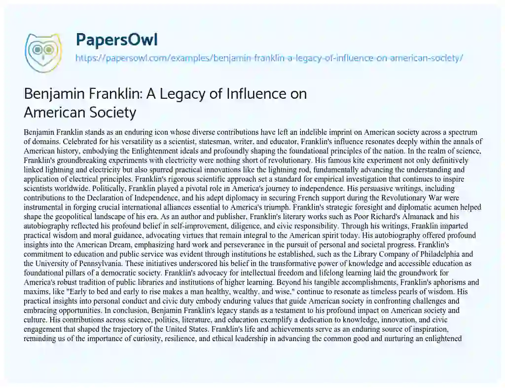 Essay on Benjamin Franklin: a Legacy of Influence on American Society