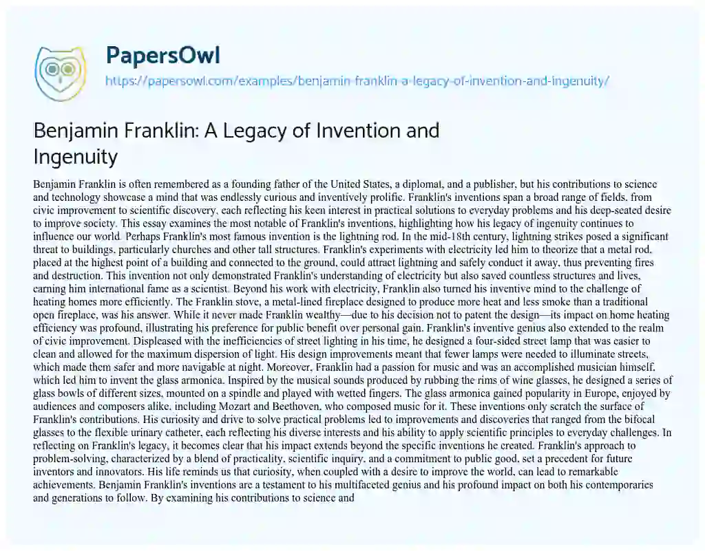 Essay on Benjamin Franklin: a Legacy of Invention and Ingenuity
