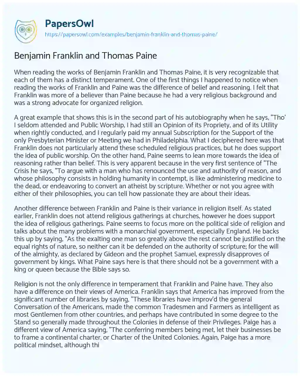 Essay on Benjamin Franklin and Thomas Paine